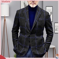   Autumn Winter Men Blazer Plaid Turndown Collar Single-breasted Pockets Suit Coat for Office