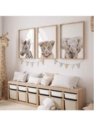 3入組可愛的小象海報嬰兒動物，斑馬圖片牆布油畫嬰兒象畫豹紋牆藝術幼兒園嬰兒動物，適用於嬰兒房無框畫