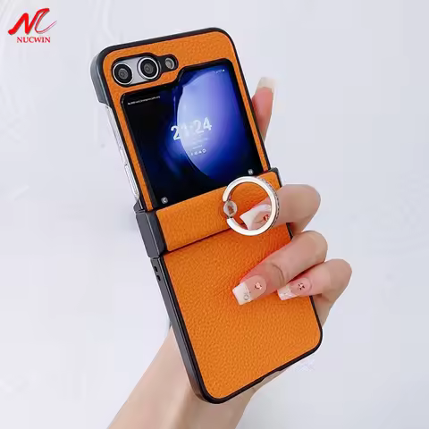 Z Flip 6 Case Fashion Lichee Pattern PU Leather Ring Holder Case for Samsung Galaxy Z Flip 6 5 4 3 Z
