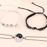 4pcs China Dragon Tai Chi, Yin Yang, Couple Jewelry Set, Stainless Steel Bead Necklace, Braided Adju