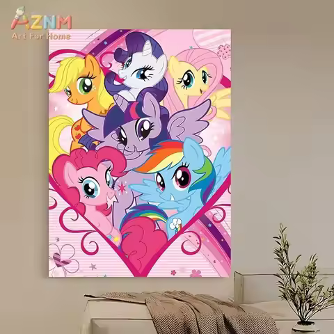 AZNM My Little Pony Cartoon Canvas Print Unframed Pink Heart Rainbow Pony Character Wall Art Kids Be
