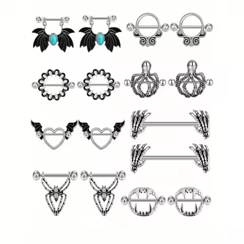 2pcs Halloween Elements Nipple Ring Nipple Piercing Jewellery Skeleton Hand Spider Heart Bat Wings T