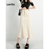 Lovito Casual Plain Pocket Zipper Fishtail Midi Denim Skirts for Women LNE09201 (Apricot) Lovito Rok