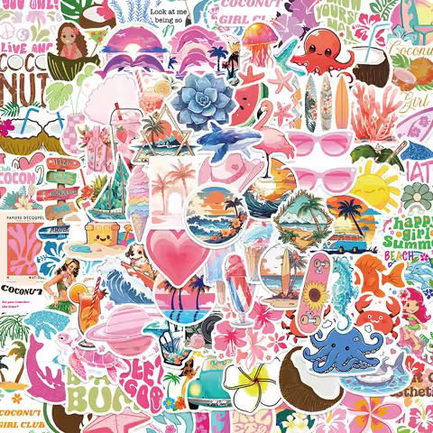 50/100PCS Summer Coconut Girls Stickers Waterproof Cartoon Sea Vocation Aesthetic Kindle Ipad Phone 