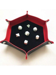 1個可摺疊的pu皮六角骰子盤桌面小物品收納盒,可收納珠寶鑰匙骰子,可摺疊盤