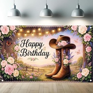 Western Cowgirl Birthday Backdrop Banner Country Boot Hat Floral Glitter Brown Rustic Wooden Photogr