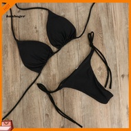 Han  2 Pcs/Set Bikini Set Solid Color Halter Neck Strap Thong Women Swimsuit Set for Beach