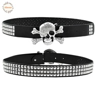 AHOUR Black Rivet Belt, Adjustable Y2K Skull Wide Waistband, Fashion PU Leather Black Rhinestone Ske