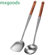 MXGOODS Wok Shovel Wood Handle Lengthened Stainless Steel Kitchenware Soup Scoop Ladle