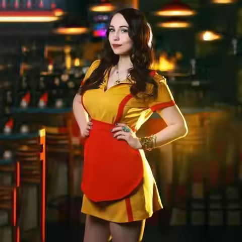 Movie 2 Broke Girls Max Caroline Cosplay Costumes Short Sleeve Yellow Apron Dress for Women Hallowee