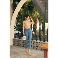 TBY JEANS by Beary กางเกงยีนส์ทรง MOM ผ้าไม่ยืด เอวสูงชิ้นหน้าหลังจับจีบแผ่นรองขวาตัดต่อ รุ่น T3155