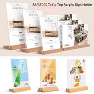 GOGUVO Menu Display Stand, with Wood Base Acrylic Table Top Sign Holder, High Quality A4/A5/A6 Double Sided Picture Card Frame Home Office