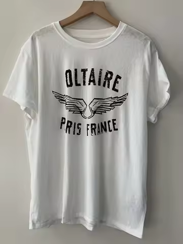 Summer Casual and Comfortable T-shirt with Letter Wings Printed White Pure Cotton Short Sleeved Top 