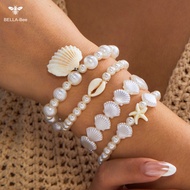 BELLA-Bee 4Pcs Ocean Shell Starfish Beaded Bracelet Set Elastic Pearl Shell Bracelets for Summer Bea