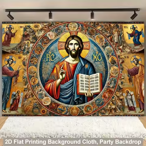 2DJesus Christ Tapestry Byzantine Icon Religious Christian Orthodox Saints Gospel Book Halo Cross Ch