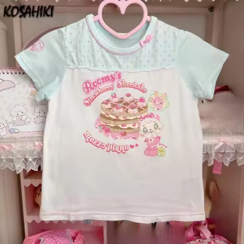 Summer Japanese Kawaii Cartoon Printing Tops Women Harajuku Wave Point Patchwork T-shirt Y2k Aesthet