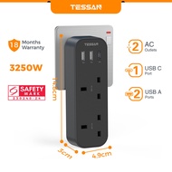 TESSAN Black Extension Plug Socket With USB Type C 3 Way Adapter Multi Plug 3-Pin Socket