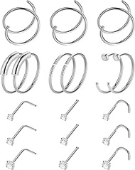 18 Pcs 18G 20G 22G Surgical Steel Nose Rings Hoop for Women Men Nose Studs Double Nose Ring Set Nost