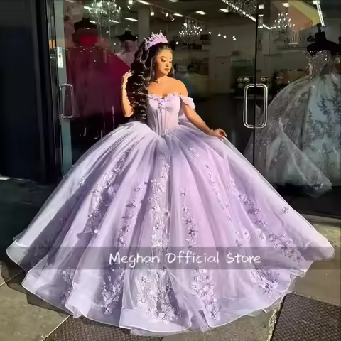 Lilac Princess Ball Gown Quinceanera Dresses Vestidos De 15 Anos XV 3D Flower Lace Formal Birthday P