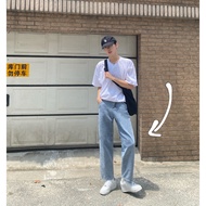 XMOB Studio Korean Washed 9-Times Mens Straight Leg กางเกงยีนส์ หลวม Wide Leg Drapey Nine-Piece กางเ