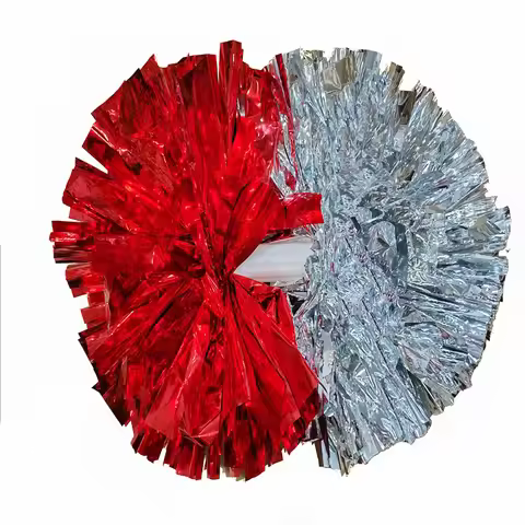 2Pcs Red Silver Cheerleading Pom Poms With Baton Handle, High Quality, 32cm, Pompoms Factory