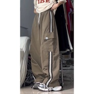 ins Plus size cotton retro side stripe cargo pants for women girls Korean style high waist loose casual pants