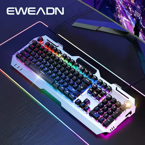 EWEADN GX810 Wired Membrane Keyboard, All-Metal Panel with Multimedia knob and mobile phone holder,