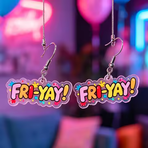 'FRI YAY!' Acrylic Earrings Thank goodness it's Friday today Colorful Confetti Style Stainless Steel