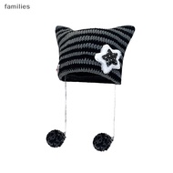 families Autumn Winter Cat Ears Pointed Pullover Women Hats Y2K Cute Star Devil Knitted Beanie Hat Ins Skullies Striped Knitg Wool Cap new