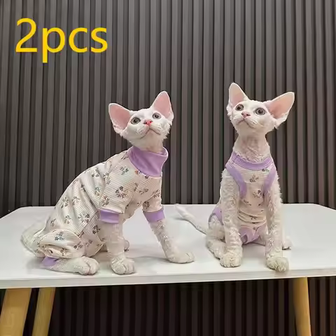 new waffle floral four-legged clothes, belly protection, hairless cat clothes, sphinx Cat Devon