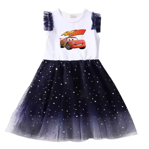 Pixar Cars Lightning McQueen Summer Kids Dresses for Girls Kids Cartoon Short Sleeve Dress Children'