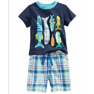 Fishes Plaid Kids Toddler Boys Pajama Set Short Sleeve Sleepwear Outfit 1-7 Yrs