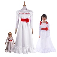 Kids Adult Cosplay Annabelle Creation Halloween Horror Doll White Dress Cosplay Costume Fancy Dress