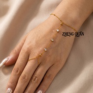 【Stainless Steel Jewelry 】  French Minimalist Gold Hand Chain Dainty Beaded Chain 3 CZ Stone Ring Br