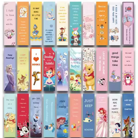 30Pcs Mixed Cartoon Character Bookmarks, Mickey, Minnie, Donald Duck, Woody, Lotso, Ariel, Elsa & Mo