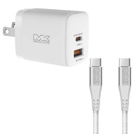 【組合價】MEGA KING 30W氮化鎵雙孔旅充頭(1C1A) 白+ C to C 傳輸充電編織線 1M 白