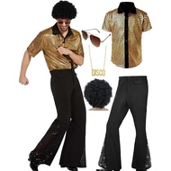 5 PCS Men's 70s Disco Outfit Costume Retro 80s Bell Bottom Pants short Sleeve Shirts
