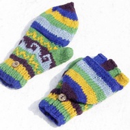 聖誕節禮物 創意禮物 限量一件手織純羊毛針織手套 / 可拆卸手套 / 內刷毛手套 / 保暖手套(made in nepal) - 南美魔幻 藍色森林 民族圖騰