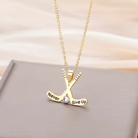 Trend Hockey Stick Pendant Necklace for Women Men Stainless Steel Charm Choker Gold Plated Chain Jew