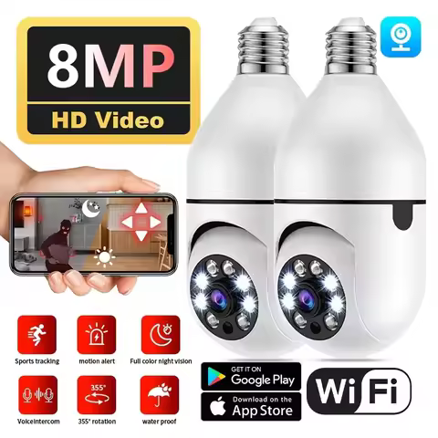 Wifi 8MP E27 Bulb Surveillance Camera Indoor 8X Digital Zoom AI Human Detect Full Color Night Vision