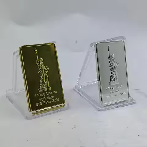 1/10pc 1 Troy Ounce 100 Mills .999 Fine Gold And .999 Fine Silver Plated Bullion Bar With Statue Of 