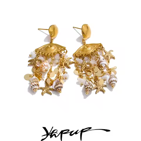 Yhpup Ocean Style Shell Conch Starfish Dangle Earrings Stainless Steel Summer Golden Holiday Jewelry