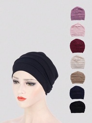 1入新款女士時尚彈性頭巾頭巾穆斯林帽子無邊帽頭巾頭巾帽包頭巾帽子toutouur到尾帽通用於所有季節