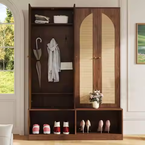 Wide Entryway Hall Tree with Storage Bench and 4 Rattan Doors, 78.7H Farmhouse Entryway Coat Rack wi
