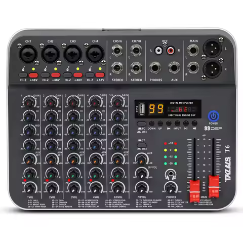 TKLBLS T6 6 Channel Audio Mixer Bluetooth USB XLR RCA Interface 48V Phantom Power 99 DSP Effects Sta