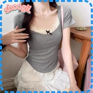 SHOOGEL Lace Short Sleeve T-shirt, Plain Lace Design Style Cropped Top, Fashion Korean Style Bow Bow Lace T-shirt Women