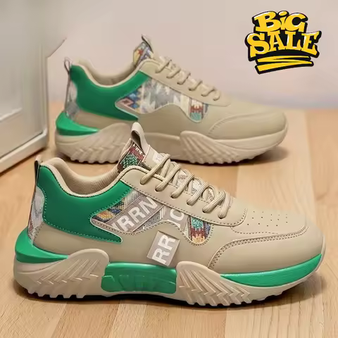 Men's Big Size Leather Sneakers Ethnic Tribal Print Chunky Platform Casual Shoes for Daily Walking S