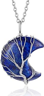 Tree of Life Crescent Moon Necklace, Nature Lapis Lazuli Gemstones Healing Crystal Necklaces, Septem