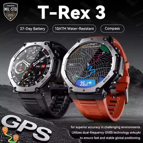 2026 New T-Rex 3 Pro Dual-Band GPS Military Smart Watch 48mm 10ATM Waterproof 500mAh Battery Compass