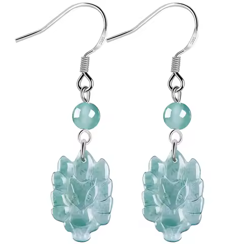 Blue Myanmar Jade Nine tailed Fox Earrings Designer Vintage 925 Silver Stone Fashion Accessories Cha